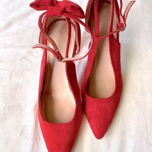 Red Suede Pointy Toe Heels with Ankle Straps and Bow